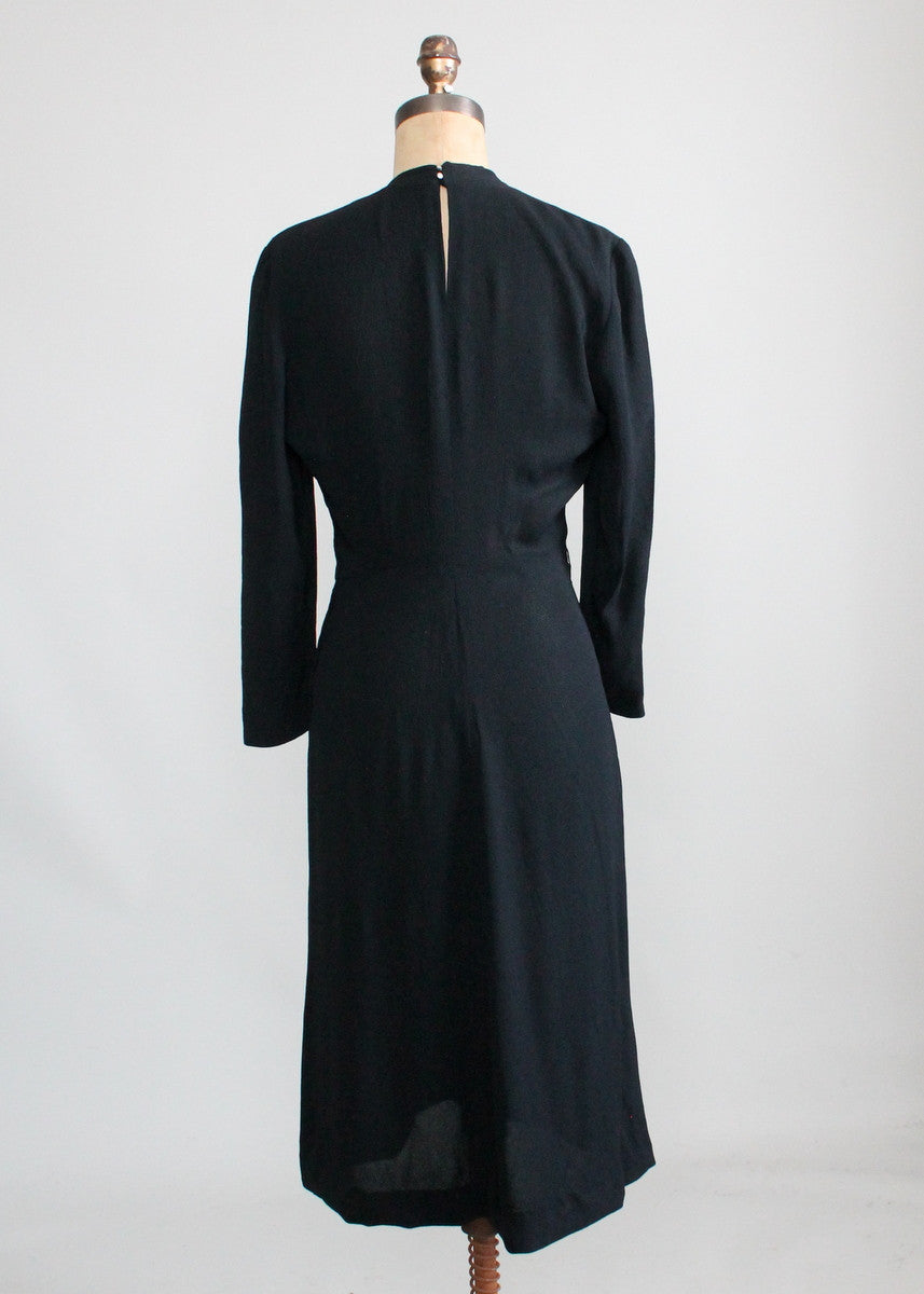 Vintage 1940s Art Deco Simple Black Crepe Dress