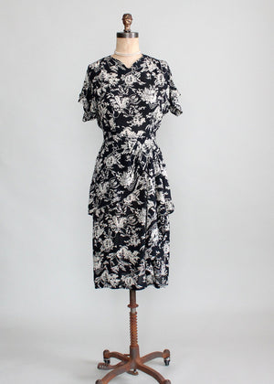 Vintage 1940s Asian Print Rayon Peplum Dress