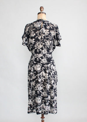 Vintage 1940s Asian Print Rayon Peplum Dress
