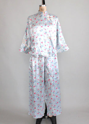 Vintage 1940s Asian Floral Silk Pajamas