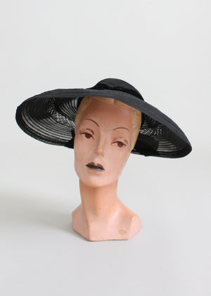 Vintage Early 1950s Wide Brim Black Horse Hair Hat