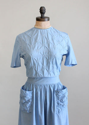 Vintage Early 1940s Blue Cotton Swing Dress