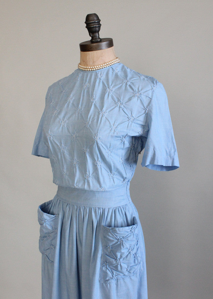 light blue 1940s dress 1940s blue gingham cotton dress old stock Hemlock Vintage Clothing