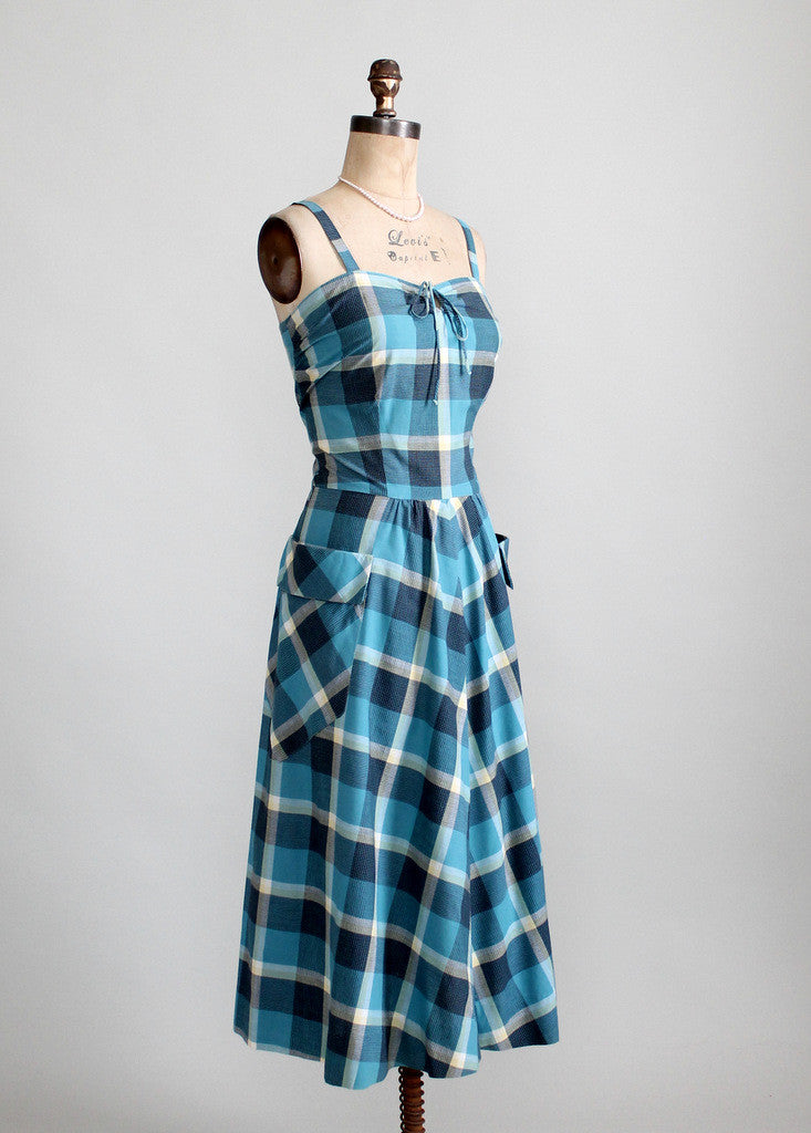 Vintage Late 1940s Blue Plaid Sundress