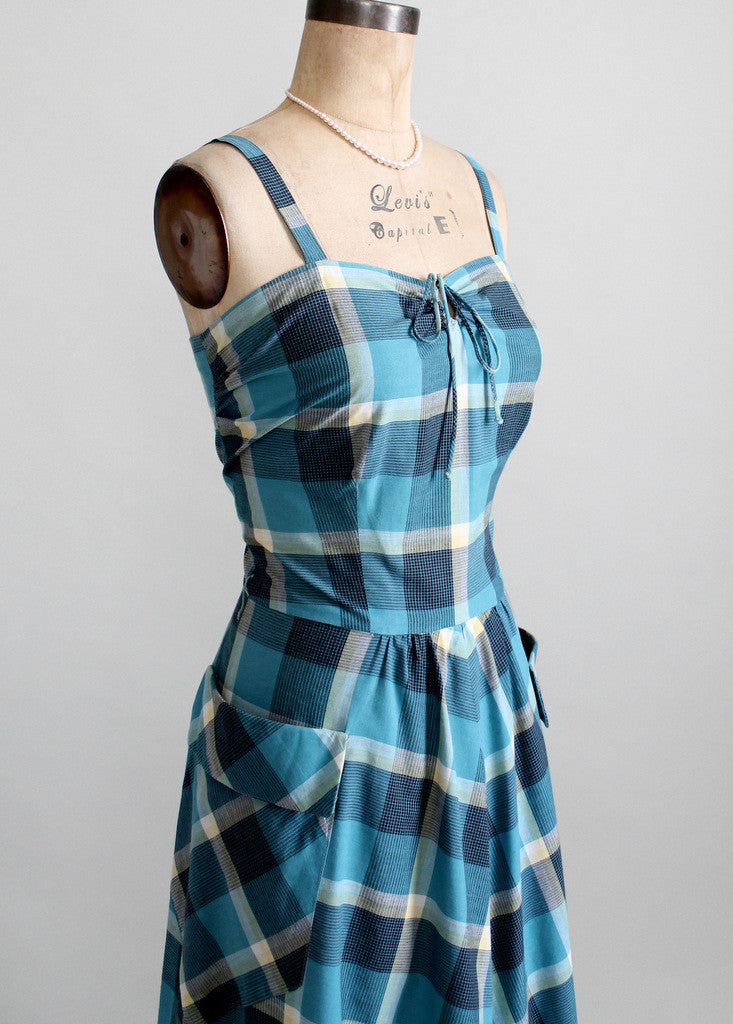 Vintage Late 1940s Blue Plaid Sundress