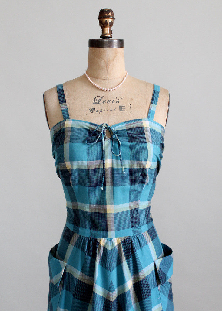 Vintage Late 1940s Blue Plaid Sundress