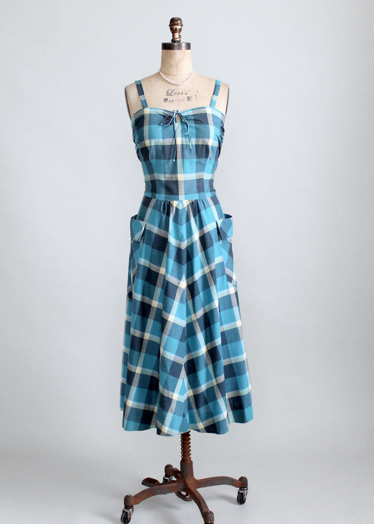 Vintage Late 1940s Blue Plaid Sundress