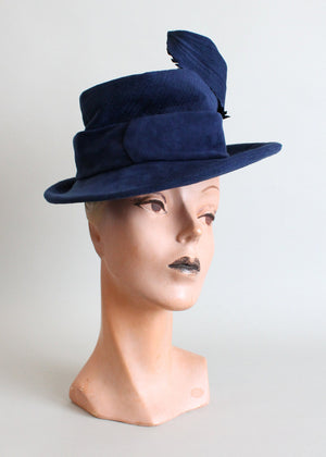 Vintage 1940s Blue Suede Feathered Fedora