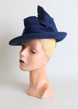 Vintage 1940s Blue Suede Feathered Fedora