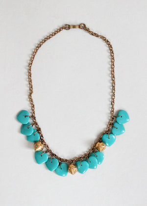Vintage 1940s Turquoise Glass Hearts and Brass Necklace