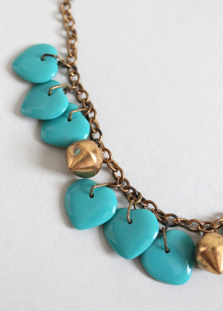 Vintage 1940s Turquoise Glass Hearts and Brass Necklace