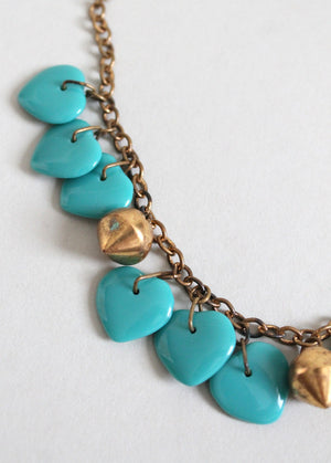 Vintage 1940s Turquoise Glass Hearts and Brass Necklace