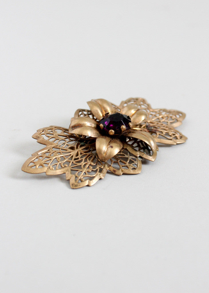 Vintage 1940s Floral Brass and Purple Glass Brooch