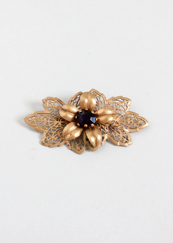Vintage 1940s Floral Brass and Purple Glass Brooch - Raleigh