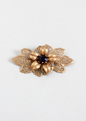 Vintage 1940s Floral Brass and Purple Glass Brooch