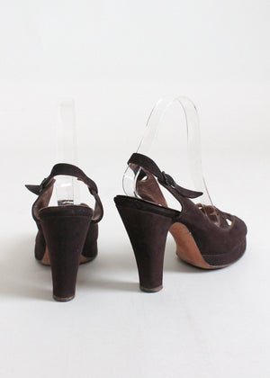 Vintage 1940s Brown Peep Toe Platform Sandals Size 7.5