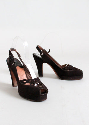 Vintage 1940s Brown Peep Toe Platform Sandals Size 7.5