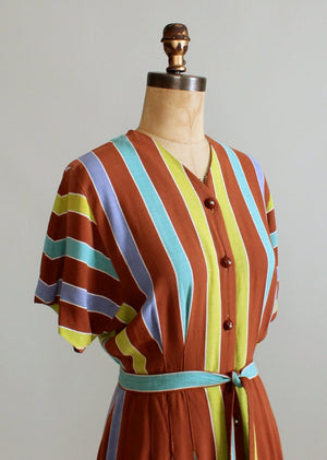 Vintage 1940s Brown Colorful Striped Day Dress