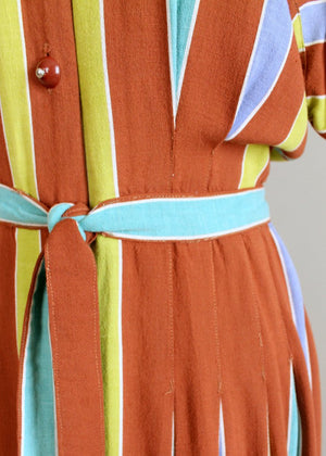 Vintage 1940s Brown Colorful Striped Day Dress