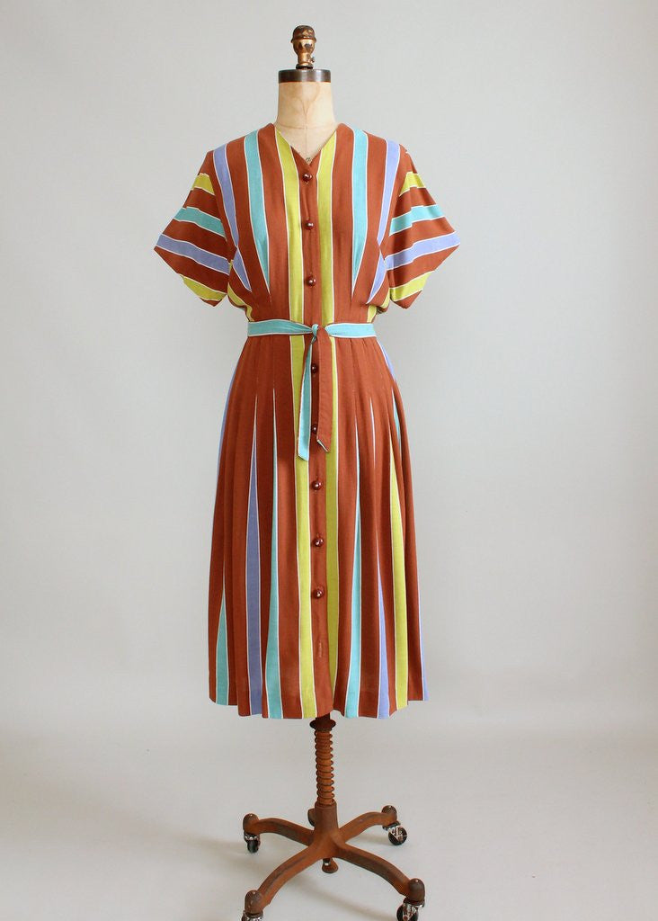 Vintage 1940s Brown Colorful Striped Day Dress