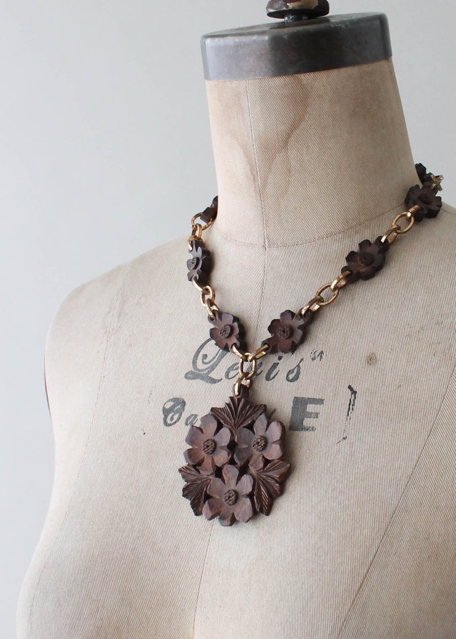 Vintage 1940s  Brass and Carved Wood Flower Necklace