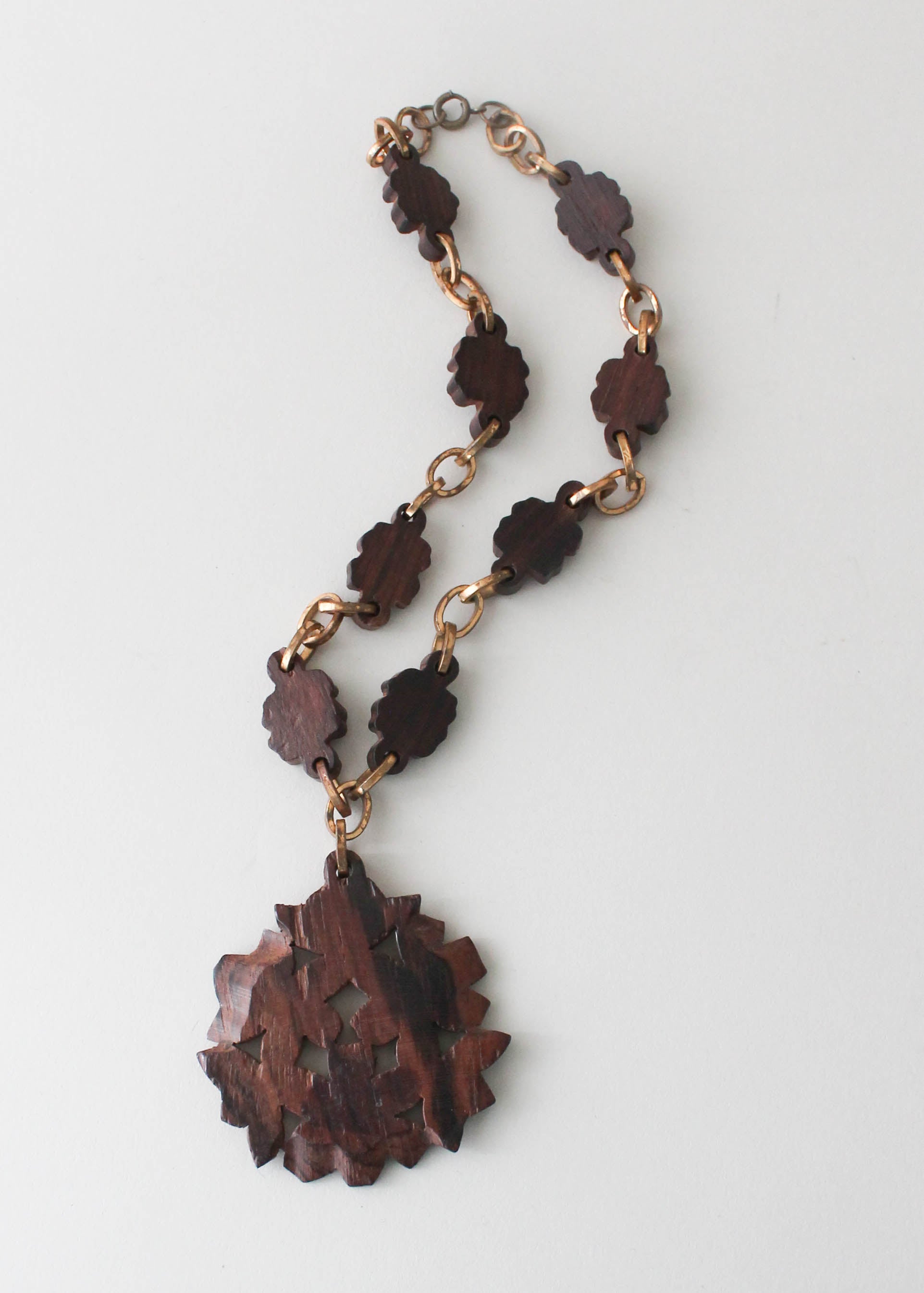 Vintage 1940s  Brass and Carved Wood Flower Necklace