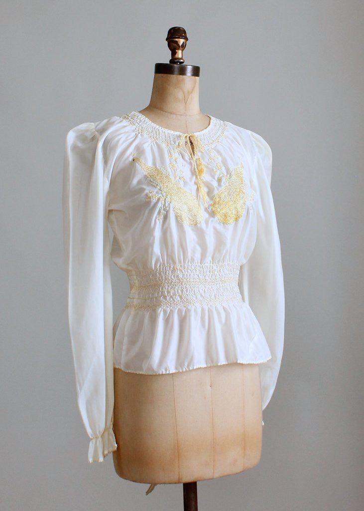 Vintage 1940s Peacock Embroidered Parachute Peasant Blouse