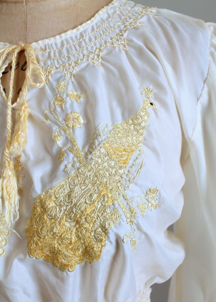 Vintage 1940s Peacock Embroidered Parachute Peasant Blouse
