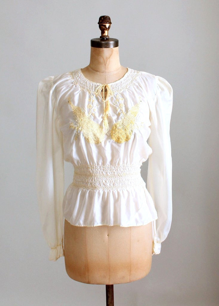 Vintage 1940s Peacock Embroidered Parachute Peasant Blouse