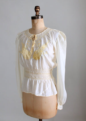 Vintage 1940s Peacock Embroidered Parachute Peasant Blouse