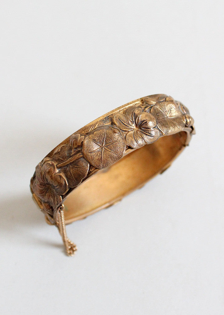 Vintage 1940s Floral Brass Bangle Bracelet