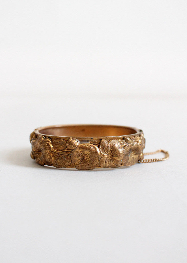 Vintage 1940s Floral Brass Bangle Bracelet