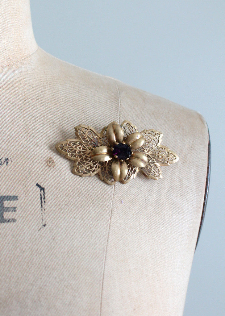 Vintage 1940s Floral Brass and Purple Glass Brooch