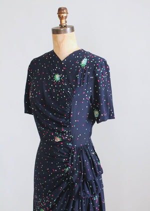 Vintage 1940s Navy Floral Rayon Side Draping Dress
