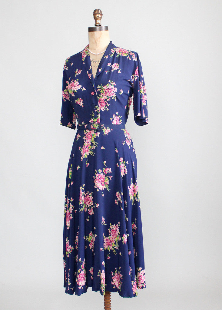 Vintage 1940s Pink Bouquet Floral Rayon Dress