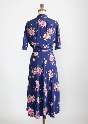 Vintage 1940s Pink Bouquet Floral Rayon Dress