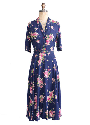 Vintage 1940s Pink Bouquet Floral Rayon Dress