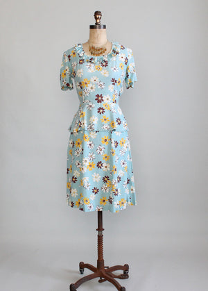 Vintage 1940s Daisy Print Skirt and Peplum Top Set