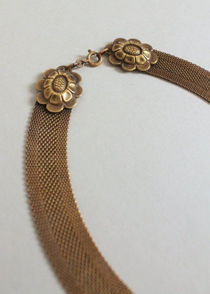 Vintage 1940s Karu Brass Flower and Mesh Statement Necklace