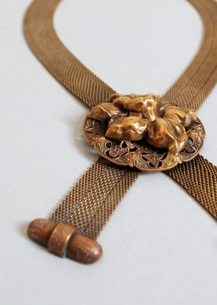 Vintage 1940s Karu Brass Flower and Mesh Statement Necklace