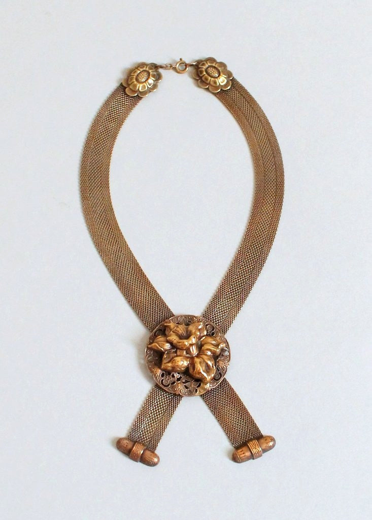 Vintage 1940s Karu Brass Flower and Mesh Statement Necklace