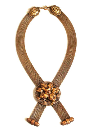 Vintage 1940s Karu Brass Flower and Mesh Statement Necklace