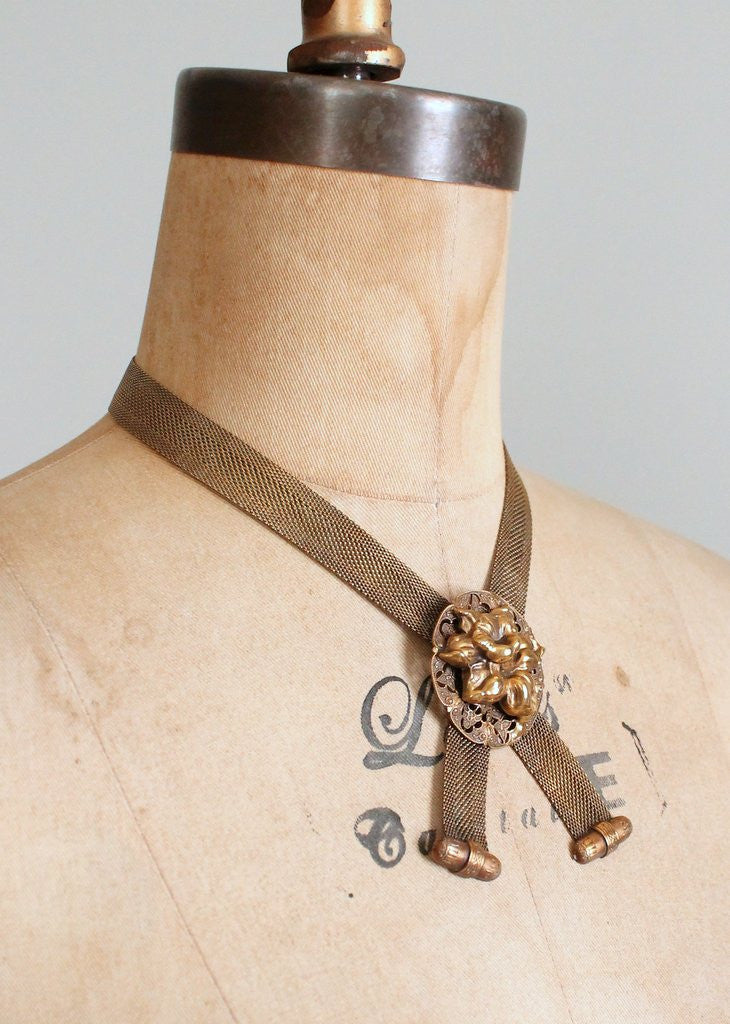Vintage 1940s Karu Brass Flower and Mesh Statement Necklace