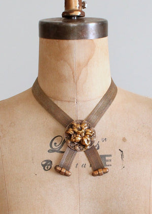 Vintage 1940s Karu Brass Flower and Mesh Statement Necklace