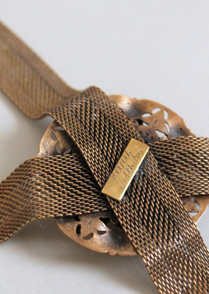 Vintage 1940s Karu Brass Flower and Mesh Statement Necklace