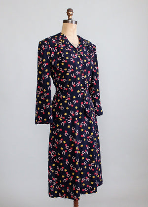 Vintage 1940s Lucky Girl Novelty Print Rayon Dress Suit