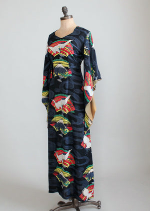 Vintage 1940s Tropicana Japanese Print Rayon Kimono Dress