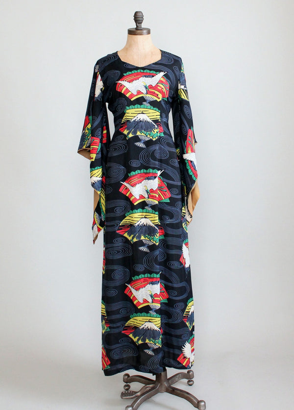 Vintage 1940s Tropicana Japanese Print Rayon Kimono Dress - Raleigh Vintage