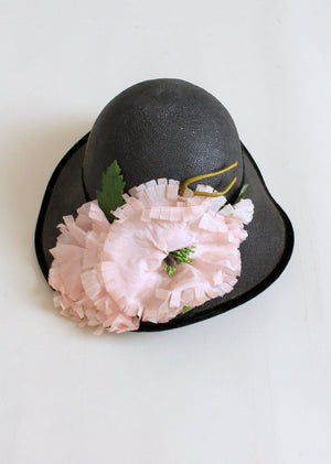 Vintage 1940s Peonies and Navy Straw Hat