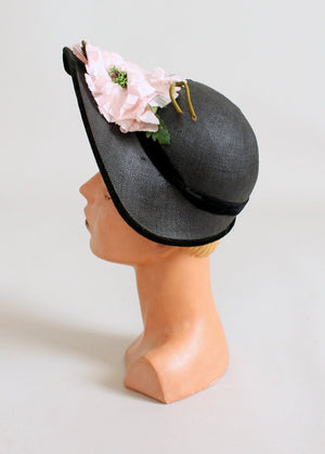 Vintage 1940s Peonies and Navy Straw Hat